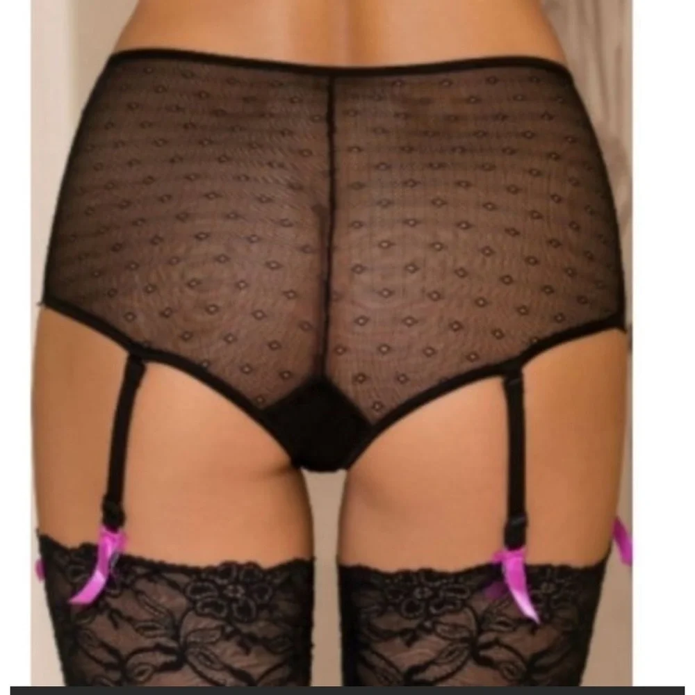 Victorian Style Black & Pink Bow Suspender Brief Garter Belt Lingerie Panties